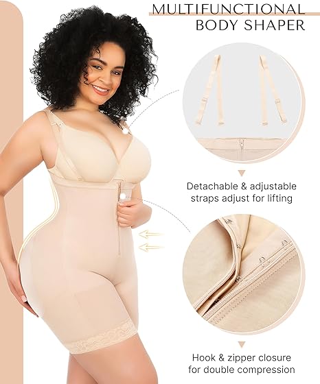 Multifunctional beige body shaper with detachable adjustable straps and hook and zipper closure for double compression and lifting support.