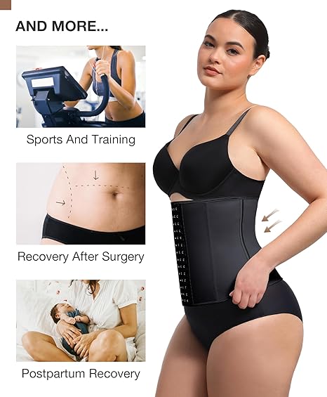 Model wearing black waist trainer suitable for sports, post-surgery recovery, and postpartum use, with supporting images highlighting multiple applications.