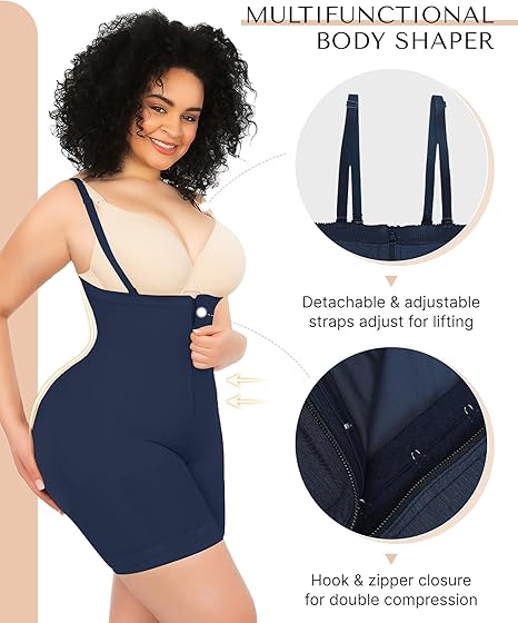 Curvy model wearing navy multifunctional body shaper with adjustable straps and double-layer hook and zipper closure for enhanced compression.