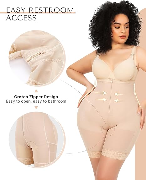 Beige body shaper with crotch zipper design for easy restroom access, worn by woman demonstrating tummy control and comfort features.