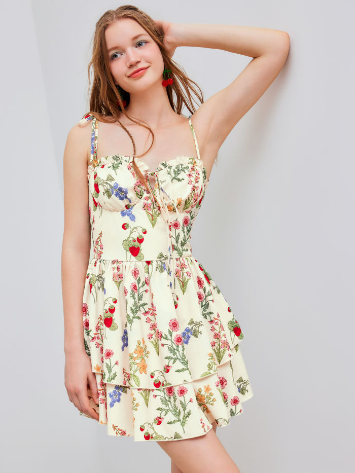 Floral & Fruit Ruffle Hem Knotted Layered Mini Dress
