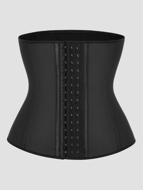 Black latex waist trainer corset with hook-and-eye front closure, designed for tummy control and hourglass waist shaping.