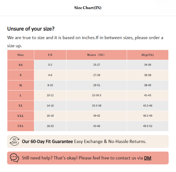 Waist trainer size chart showing US sizes XS to 3XL with corresponding waist and hip measurements in inches, plus 60-day fit guarantee notice.