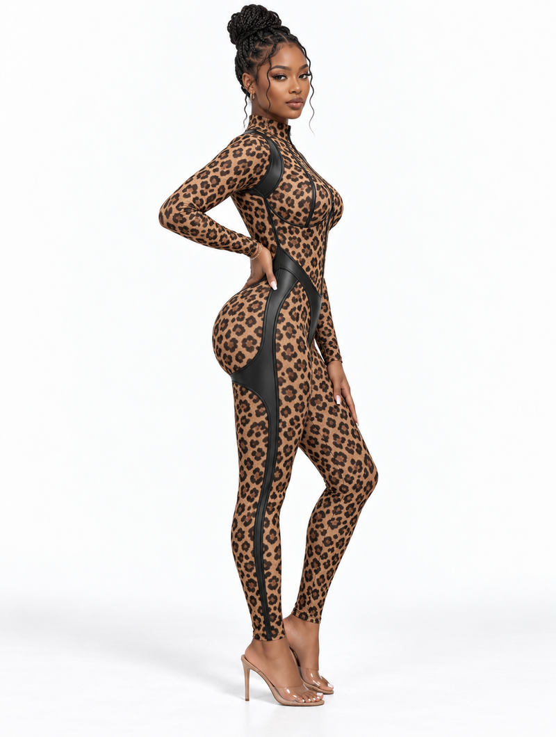 Wild Leopard Leather Catsuit