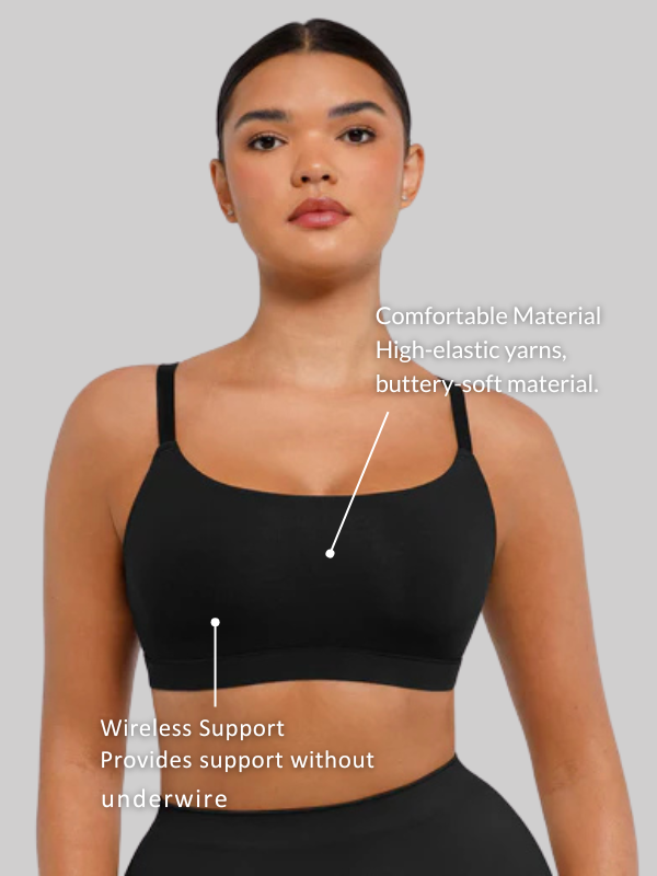 Woman wearing a black wireless square neck bra with high-elastic, buttery-soft fabric for comfortable, underwire-free support.