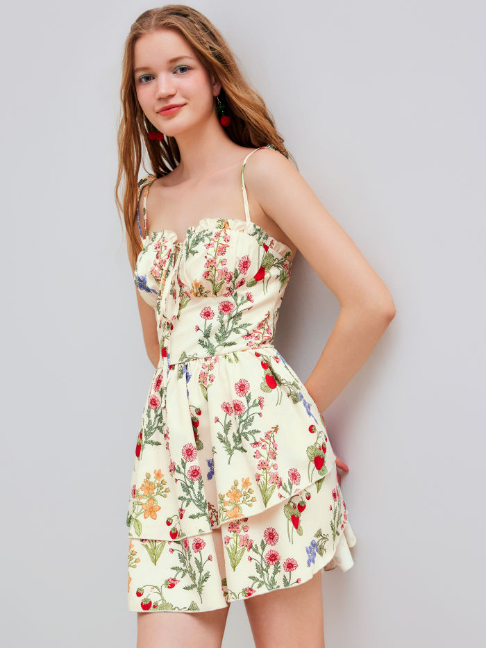Floral & Fruit Ruffle Hem Knotted Layered Mini Dress