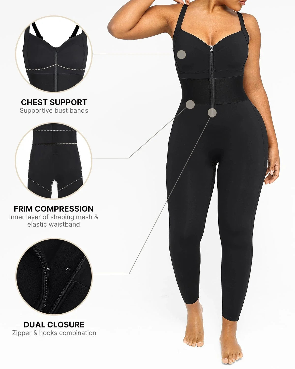 Plus-size woman wearing a black full-body shaping jumpsuit with supportive bust bands, firm waist compression, and dual zipper-hook front closure.