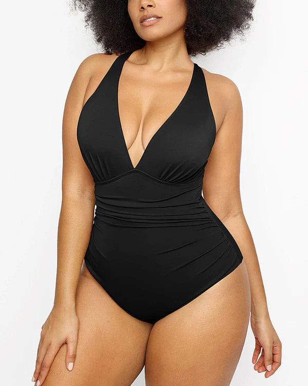 Sculpting swimsuit with deep neckline and adjustable compression fit