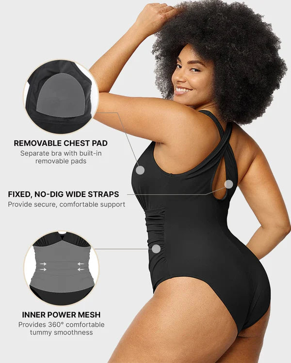 Back view of model wearing Smart Sculpt plunge cutout swimsuit with removable chest pads, no-dig wide straps, and inner power mesh for tummy contro