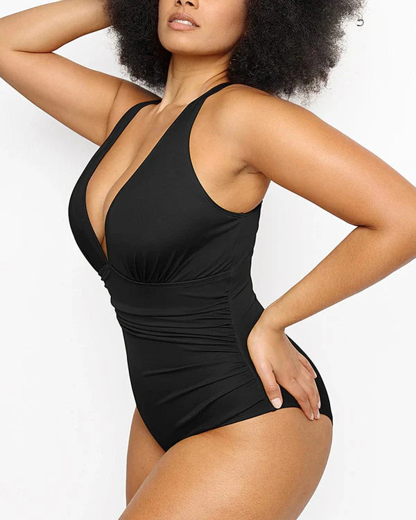 Stylish black one-piece swimsuit designed for tummy control and bust support