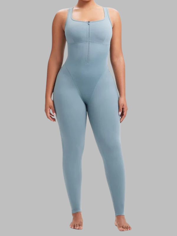 Front view of model wearing sauna sleeveless bodysuit leggings with built-in bra and high-quality zipper.
