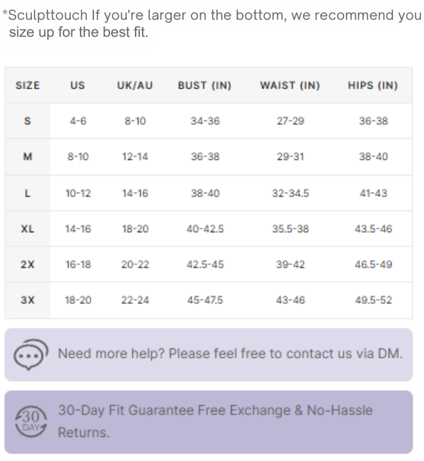SCULPT TOUCH swimsuit size chart with US, UK/AU sizes and bust, waist, hips measurements in inches, plus 30-day fit guarantee message.