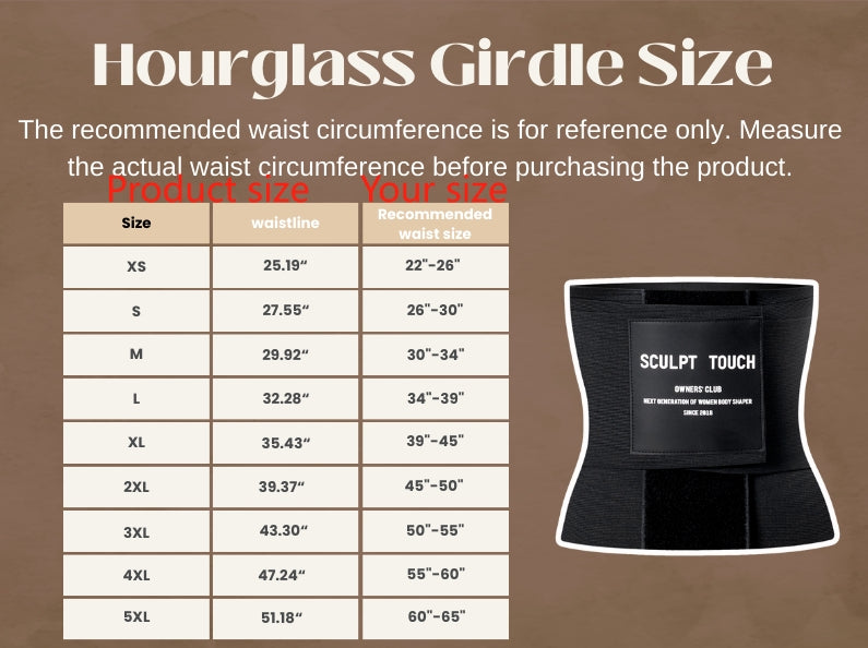 SCULPT TOUCH® Hourglass Girdle Size Chart showing product waistline sizes and corresponding recommended waist measurements from XS to 5XL.