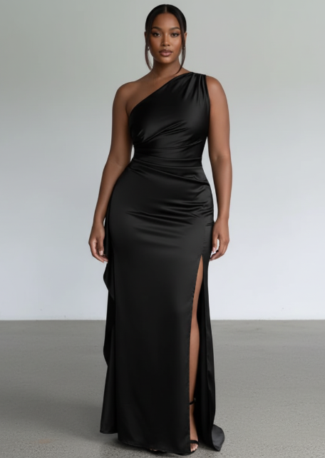 One Shoulder Satin High-Slit Maxi Dress