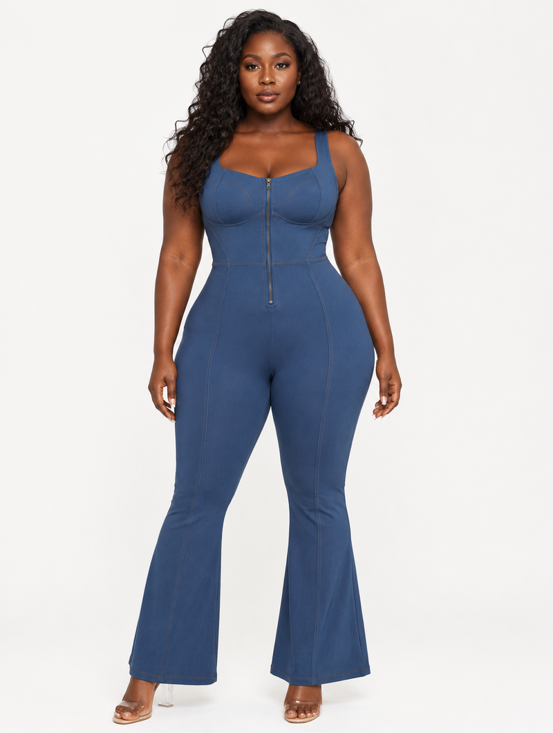 Denim Zip Flare Jumpsuit
