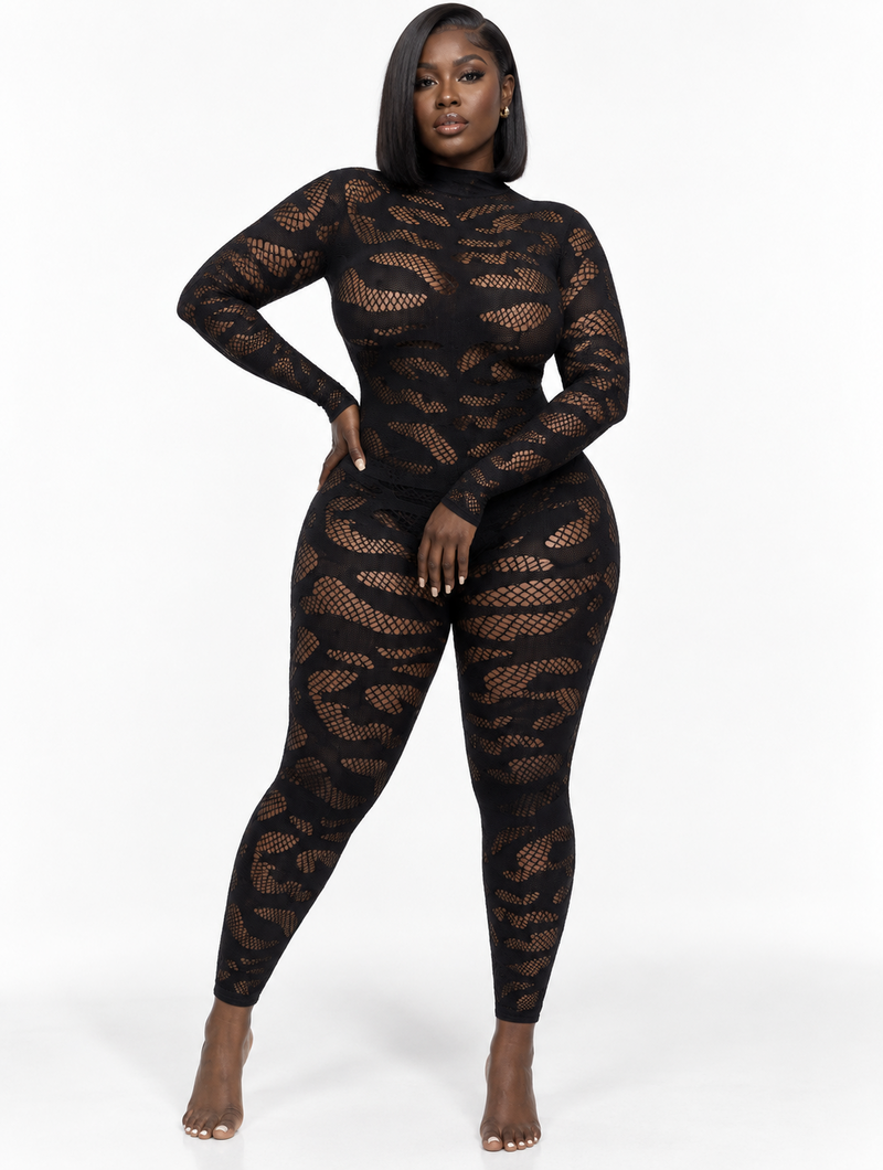 Mock Neck Fishnet Catsuit