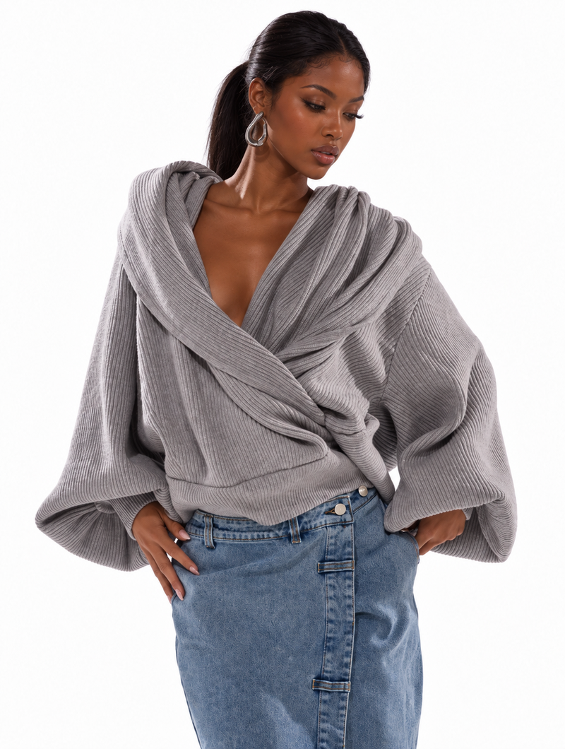 Draped Hood Knit Sweater
