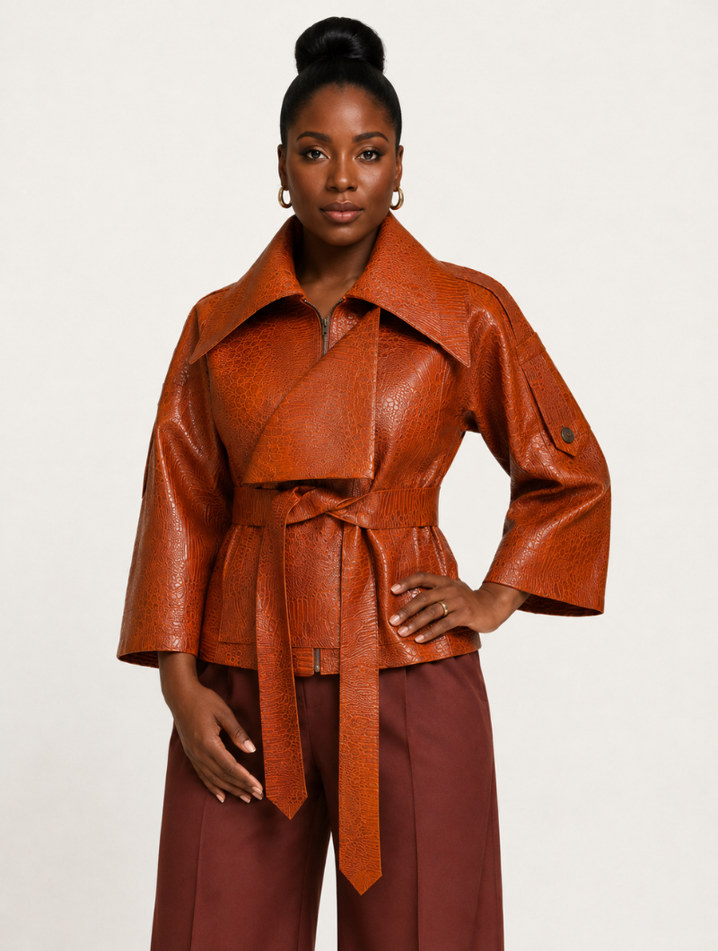 Croc Belted Leather Jacket