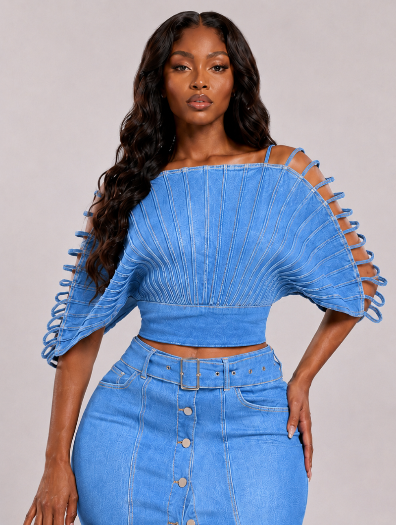 Denim Fan Pleated Top