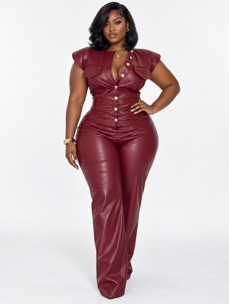 Wine Faux Leather Jumpsuit