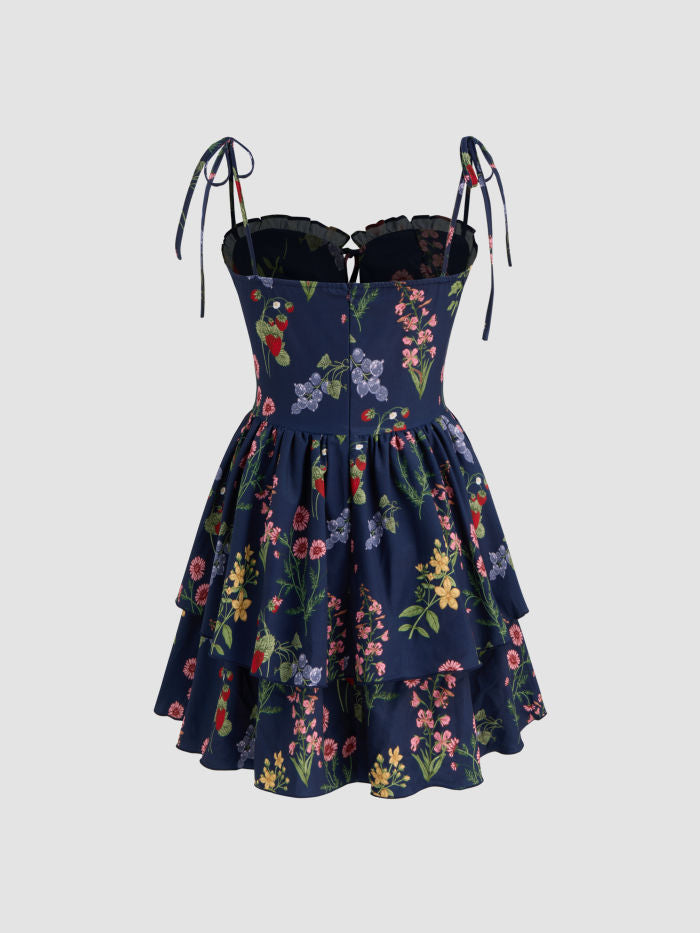 Floral & Fruit Ruffle Hem Knotted Layered Mini Dress