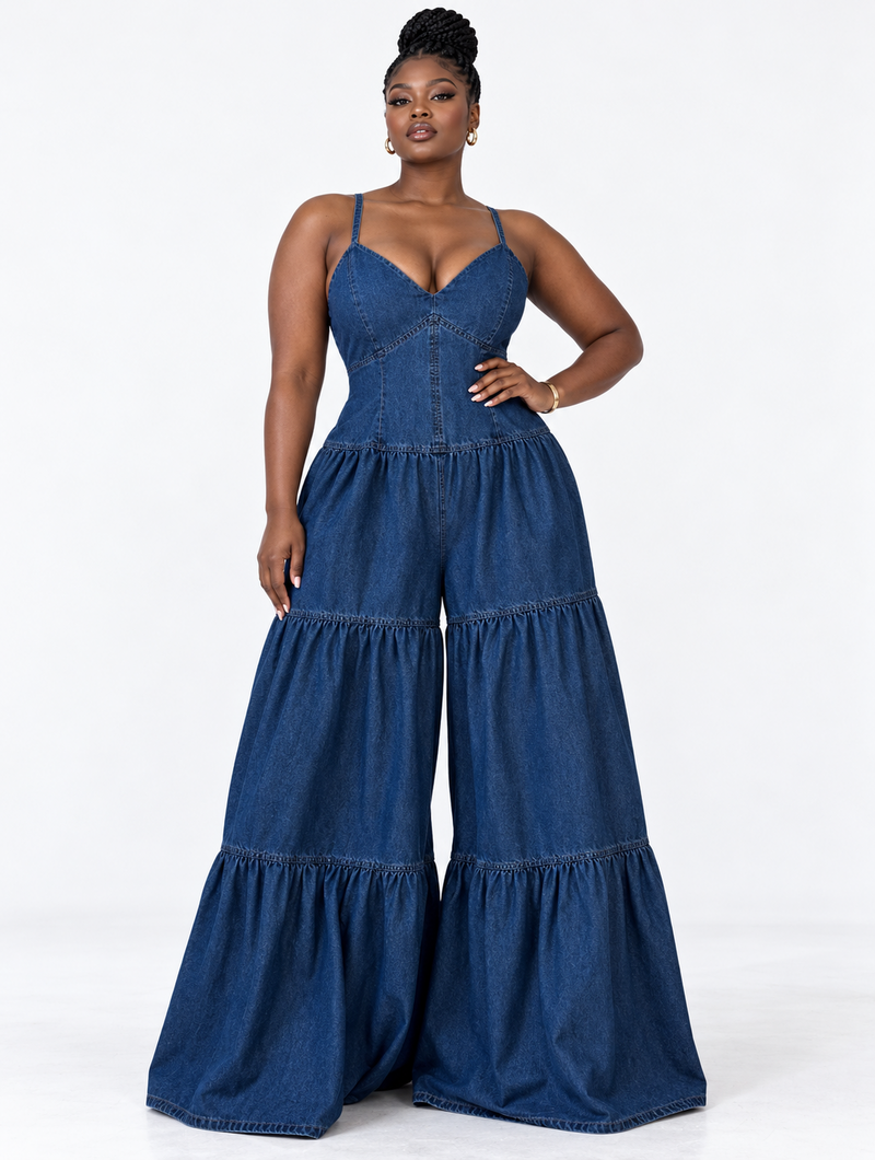 Tiered Denim Maxi Jumpsuit