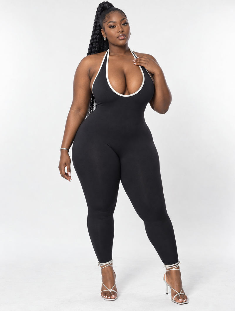 Contrast Piping Halter Catsuit