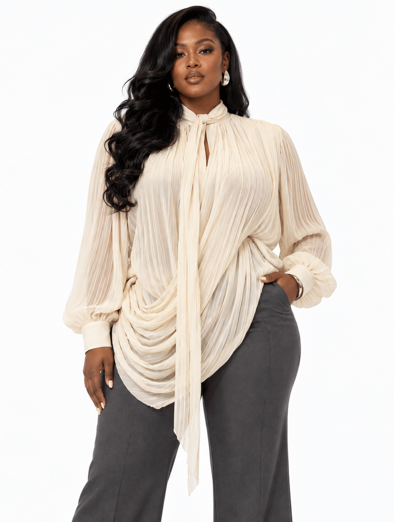 Pleated Tie-Neck Asymmetric Blouse