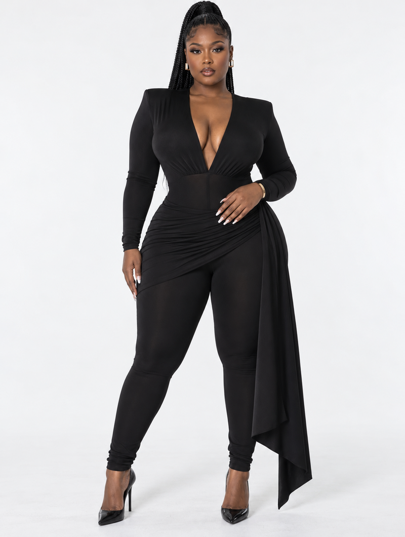 Plunge Ruched Drape Jumpsuit