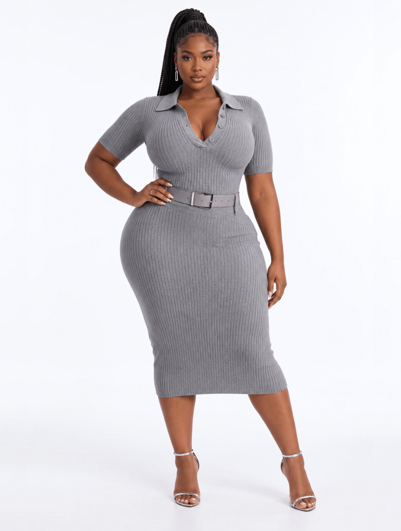 Belted Ribbed Polo Dress