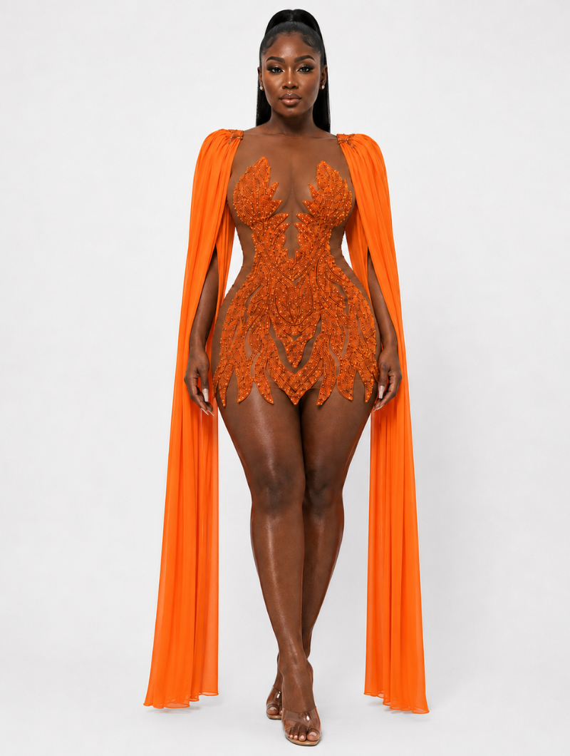 Orange Beaded Long-Sleeve Mini