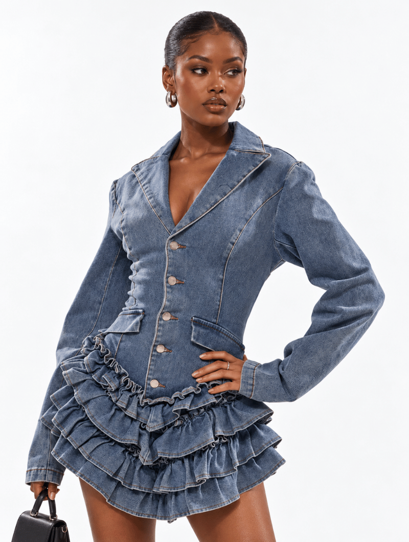 Denim Ruffle Blazer Romper