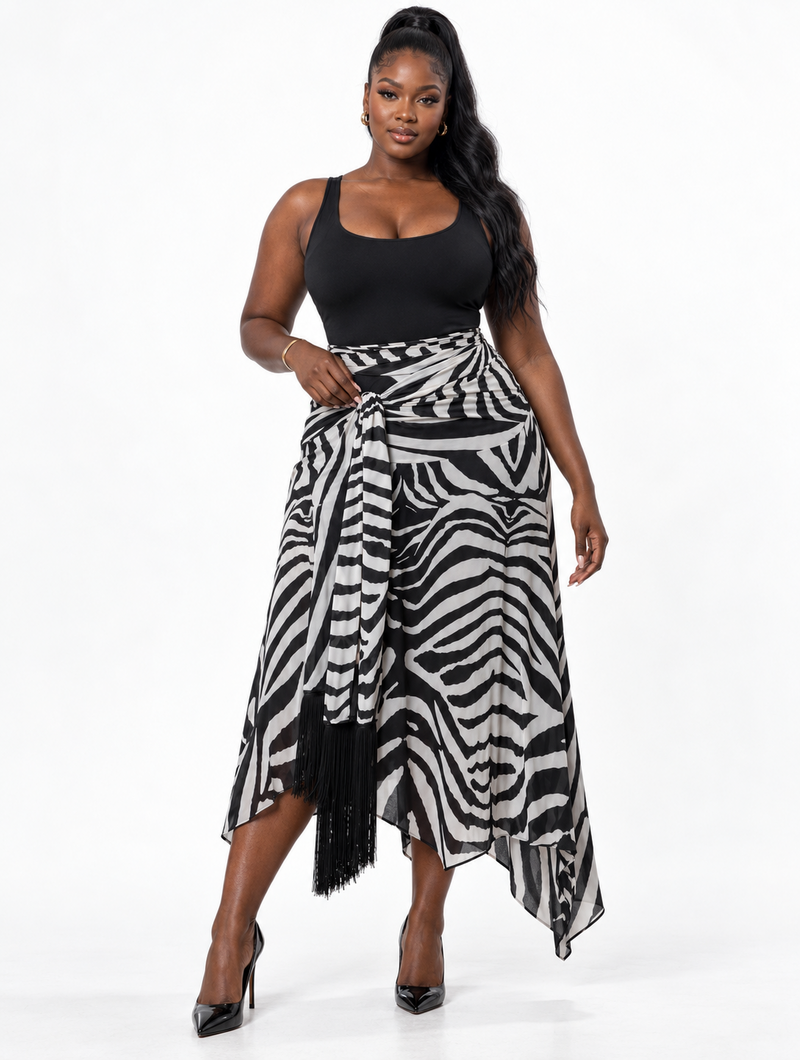 Zebra Fringe Midi Skirt