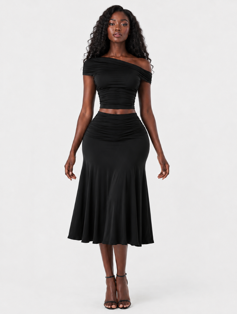 Off-Shoulder Ruched Skirt Set