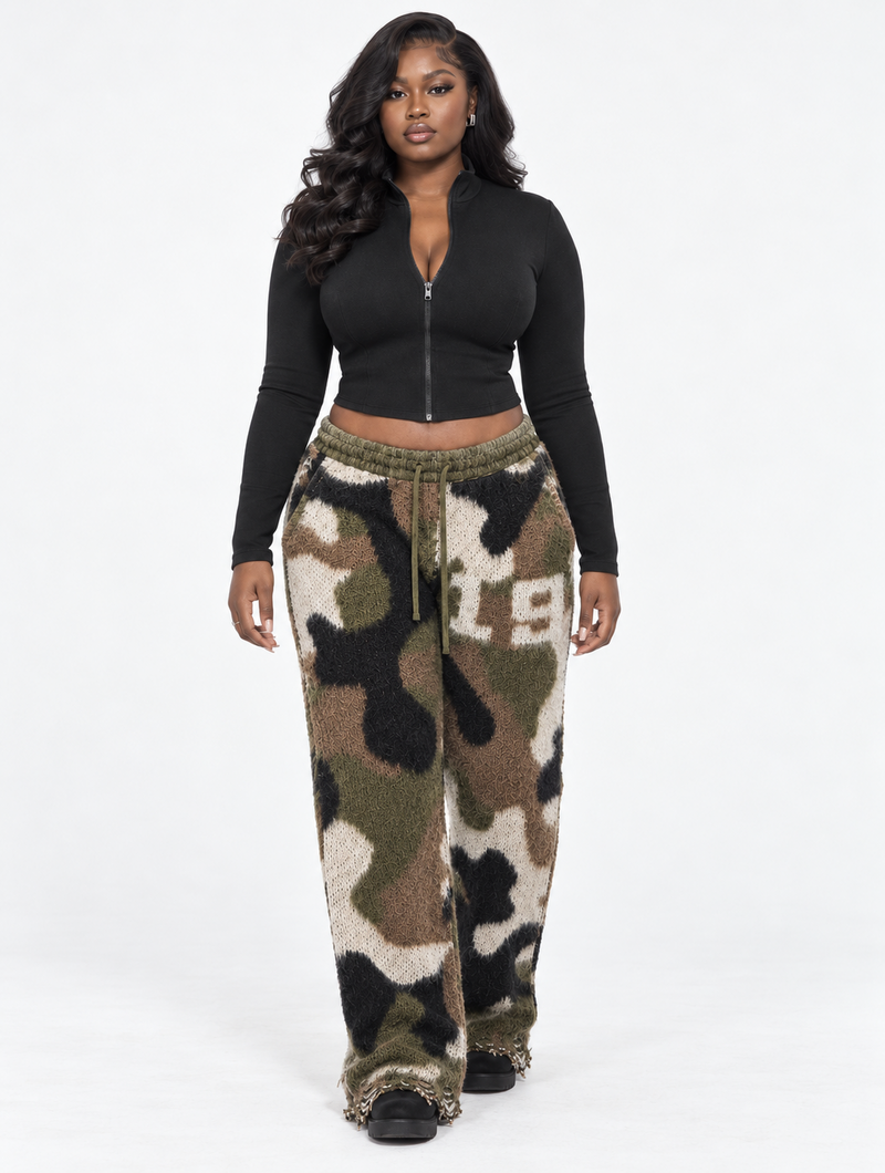 Camo Distressed Knit Pants (Pre-Order)