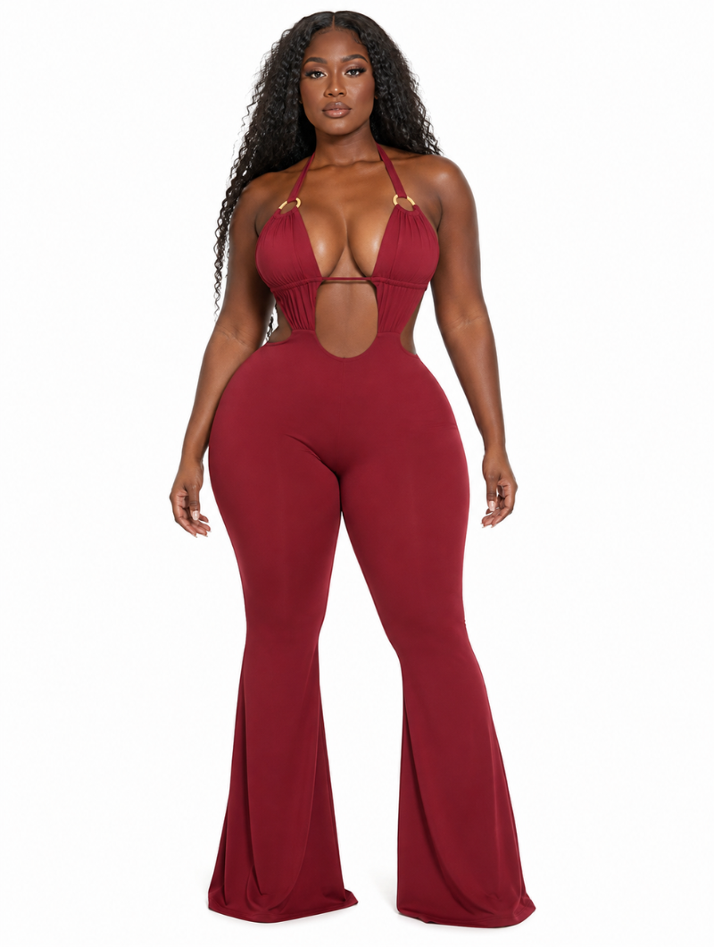 Wine Halter Flare Jumpsuit