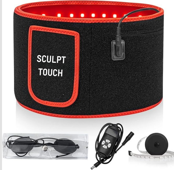 SCULPT TOUCH red light therapy belt with LED panel, power cord, protective eyewear, remote control, and measuring tape set.