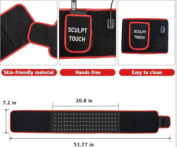 SCULPT TOUCH red light therapy belt with size dimensions, skin-friendly material, hands-free design, and easy-to-clean features.
