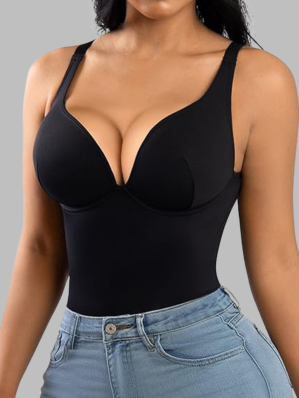V Neck Adjustable Straps Tummy Control Bodysuit