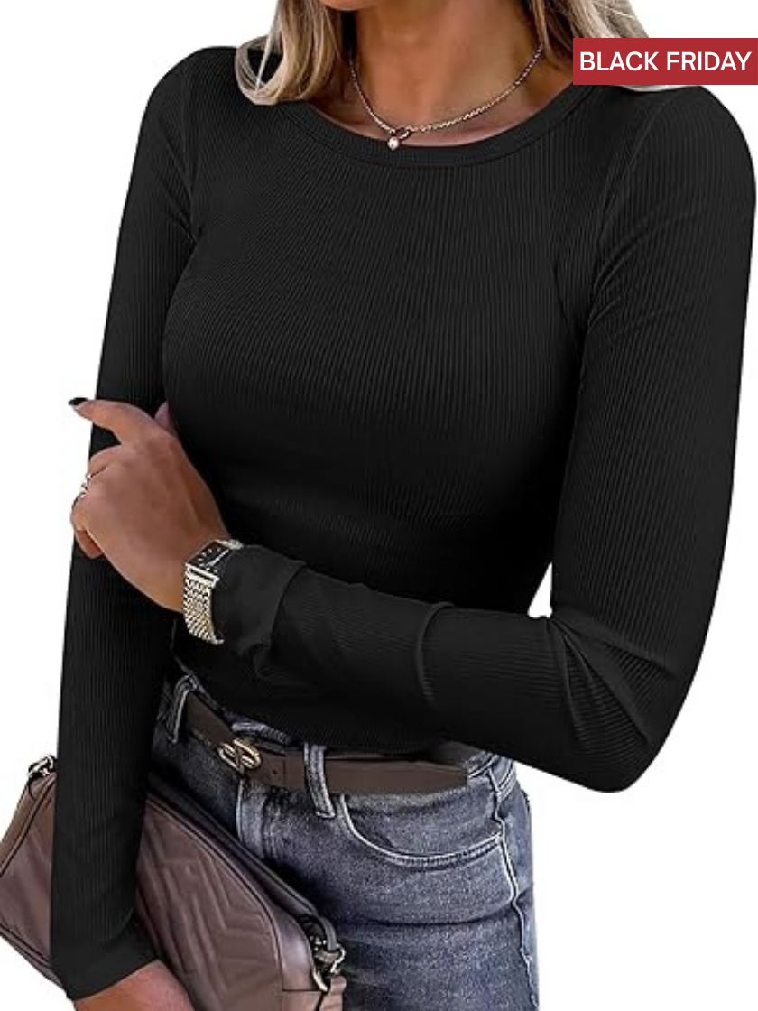 Basic Rib Knit Long Sleeve Top-(Black Friday)
