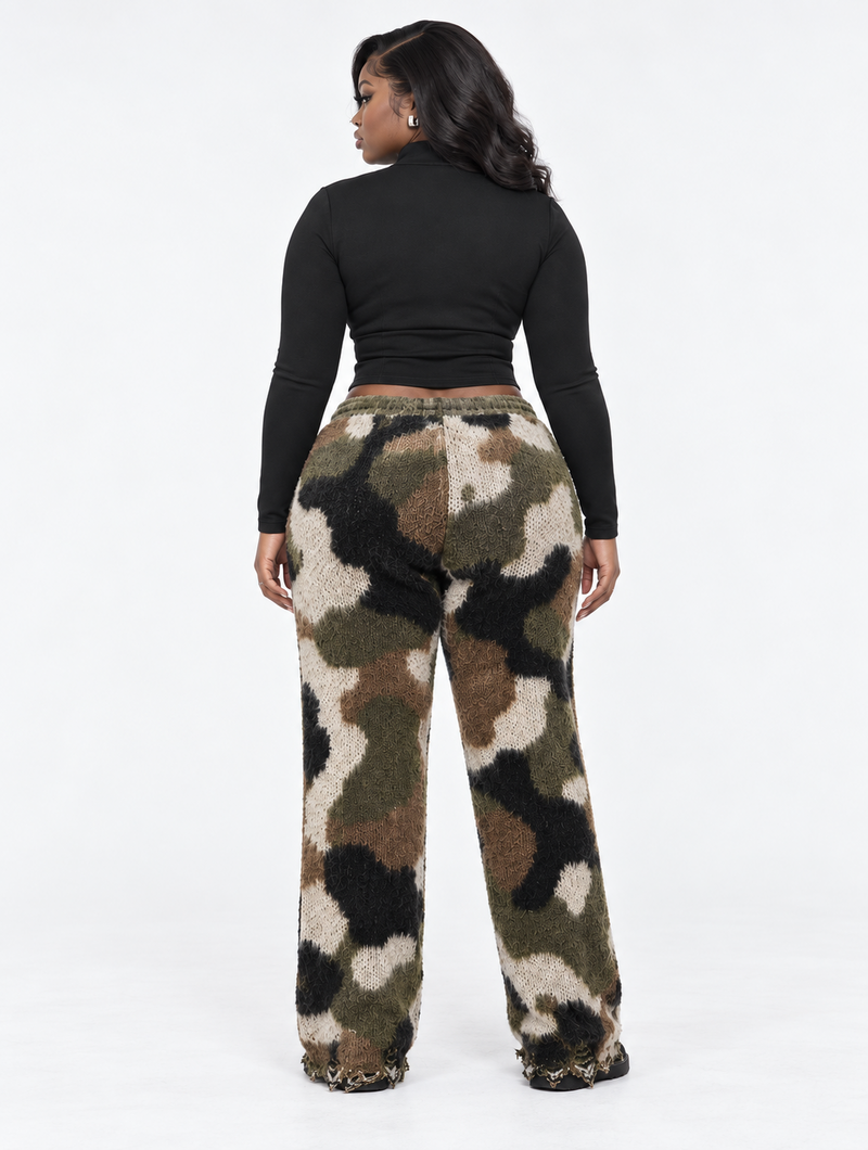 Camo Distressed Knit Pants (Pre-Order)