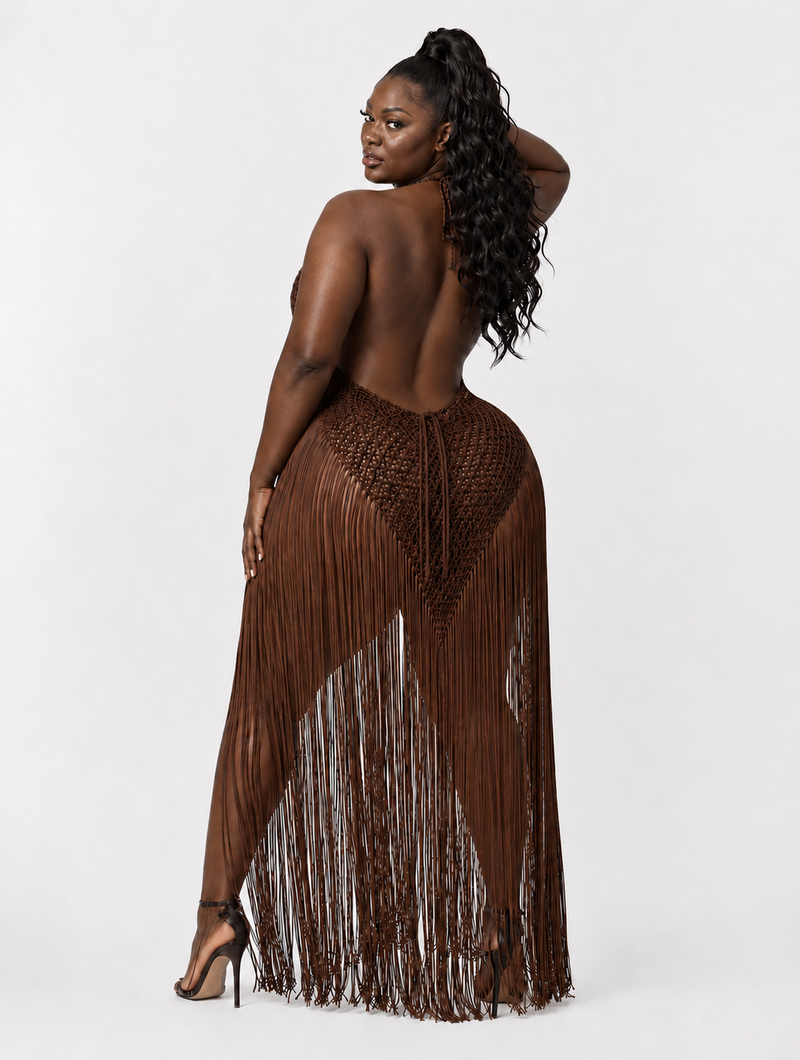 Mocha Crochet Fringe Maxi
