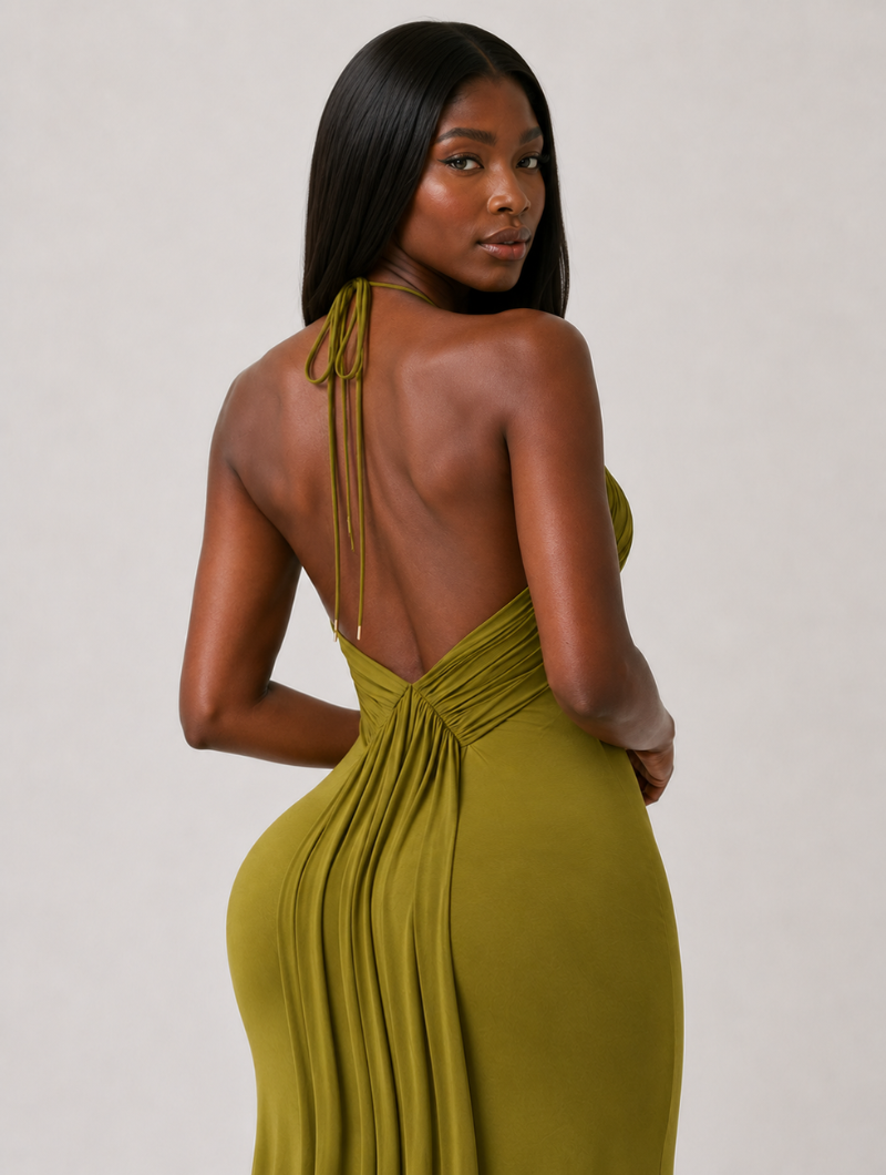 Olive Ruched Halter Maxi