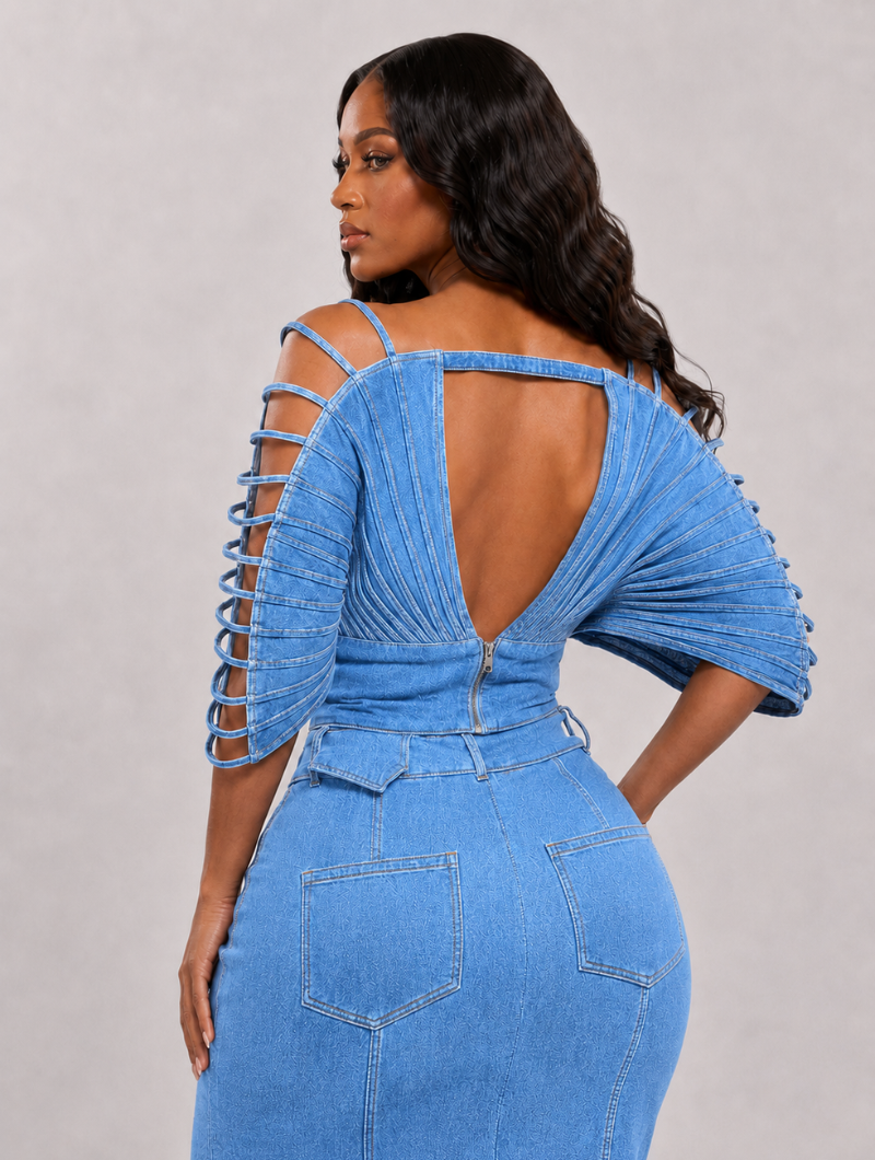 Denim Fan Pleated Top