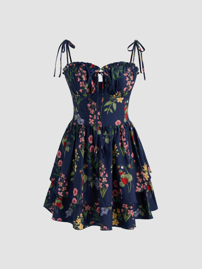 Floral & Fruit Ruffle Hem Knotted Layered Mini Dress