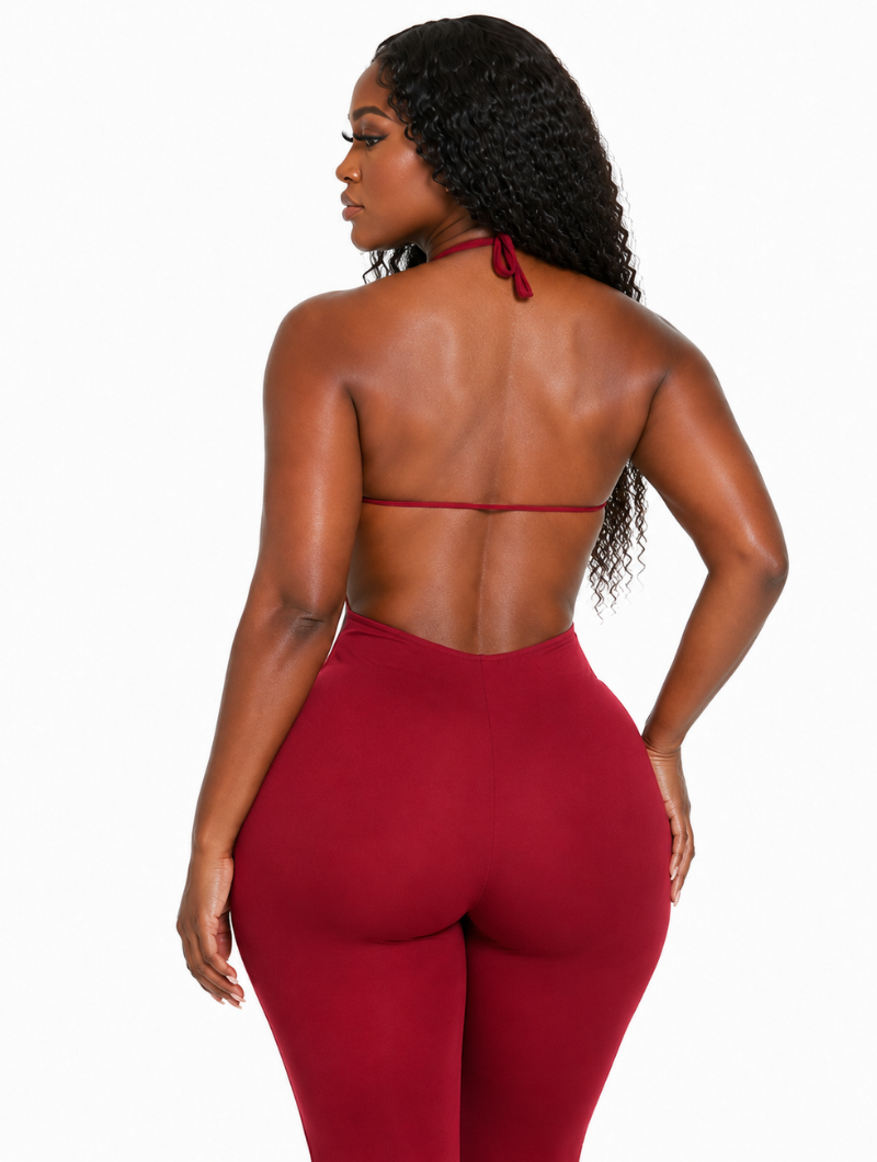 Wine Halter Flare Jumpsuit