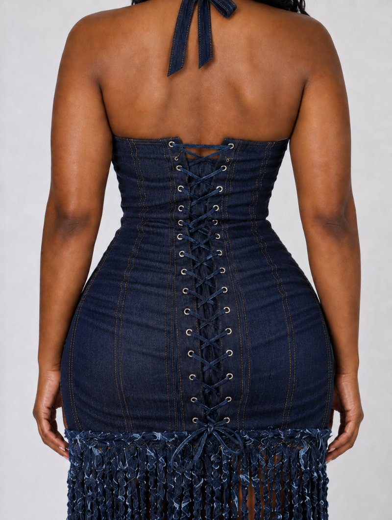 Denim Fringe Maxi Dress