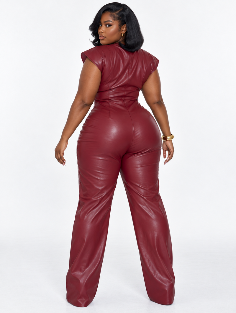 Wine Faux Leather Jumpsuit