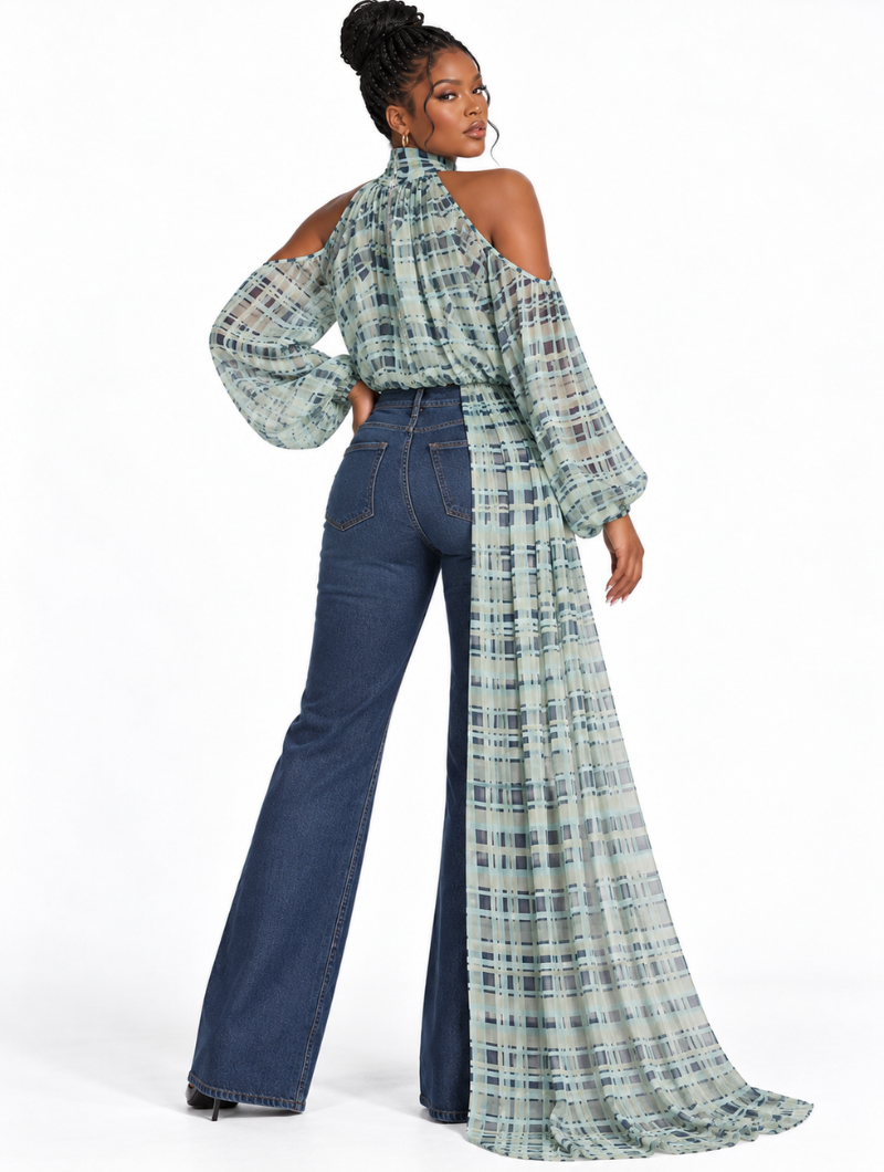 Sheer Plaid Cape Top