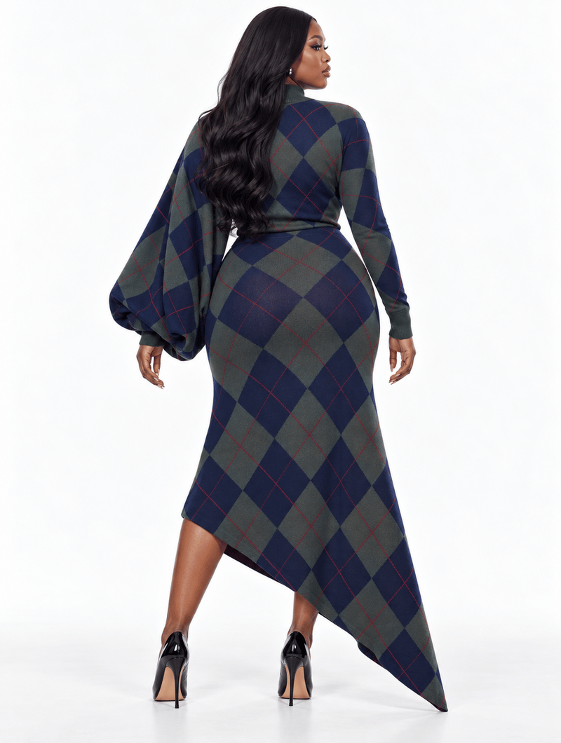 Asymmetric Argyle Knit Dress